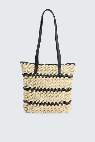 Ardene Striped Straw Tote Bag in Beige | 100% Recycled Polyester | Eco-Conscious