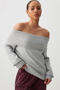 Ardene Fold Over Off Shoulder Sweater in Grey | Size | Polyester/Spandex