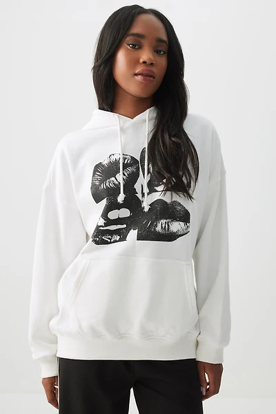 Ardene Washed Graphic Hoodie in White | Size | Polyester/Cotton | Fleece-Lined