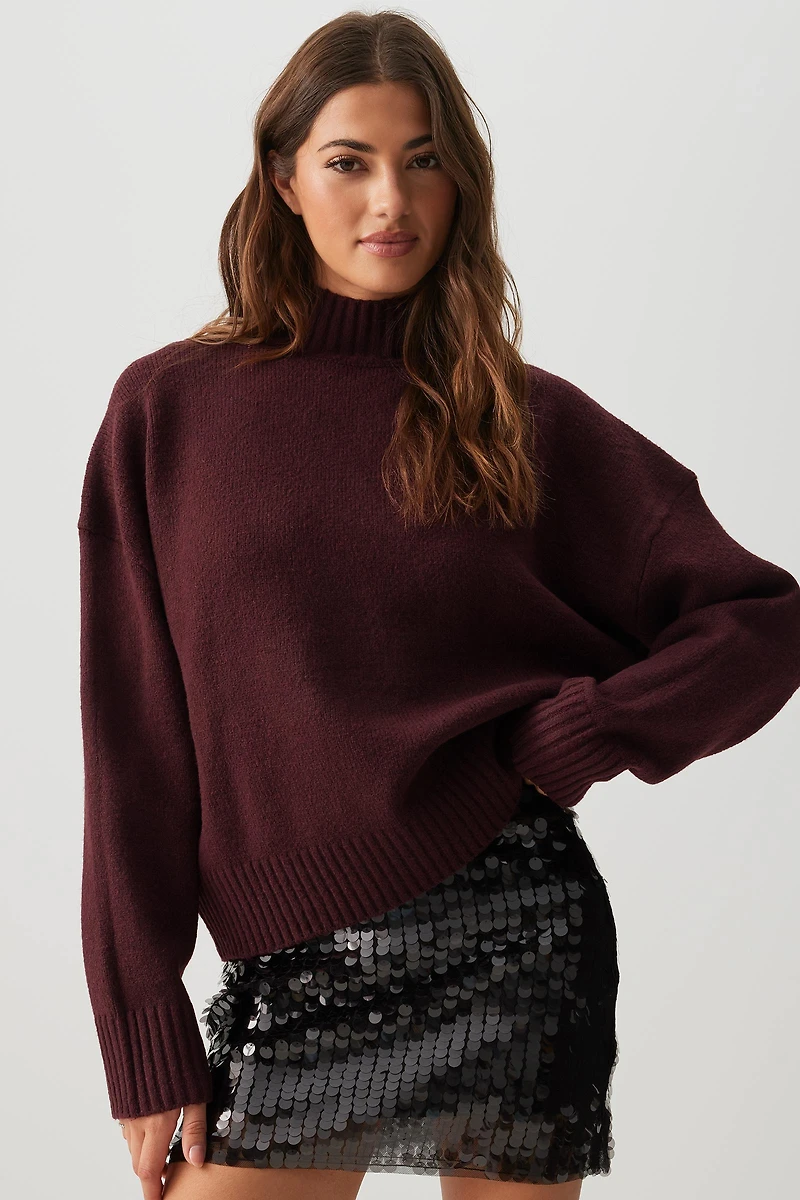 Ardene Mock Neck Sweater in Burgundy | Size | Polyester/Spandex