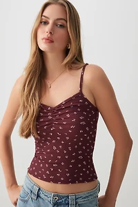Ardene Basic Ribbed Tank Top with Shirring in Burgundy | Size | Polyester/Spandex | Eco-Conscious