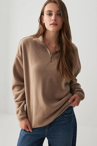 Ardene Oversized Polar Fleece 1/4 Zip Sweatshirt in Beige | Size | Polyester | Eco-Conscious