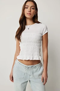 Ardene Smocked Jersey Top in White | Size XS | Cotton/Elastane