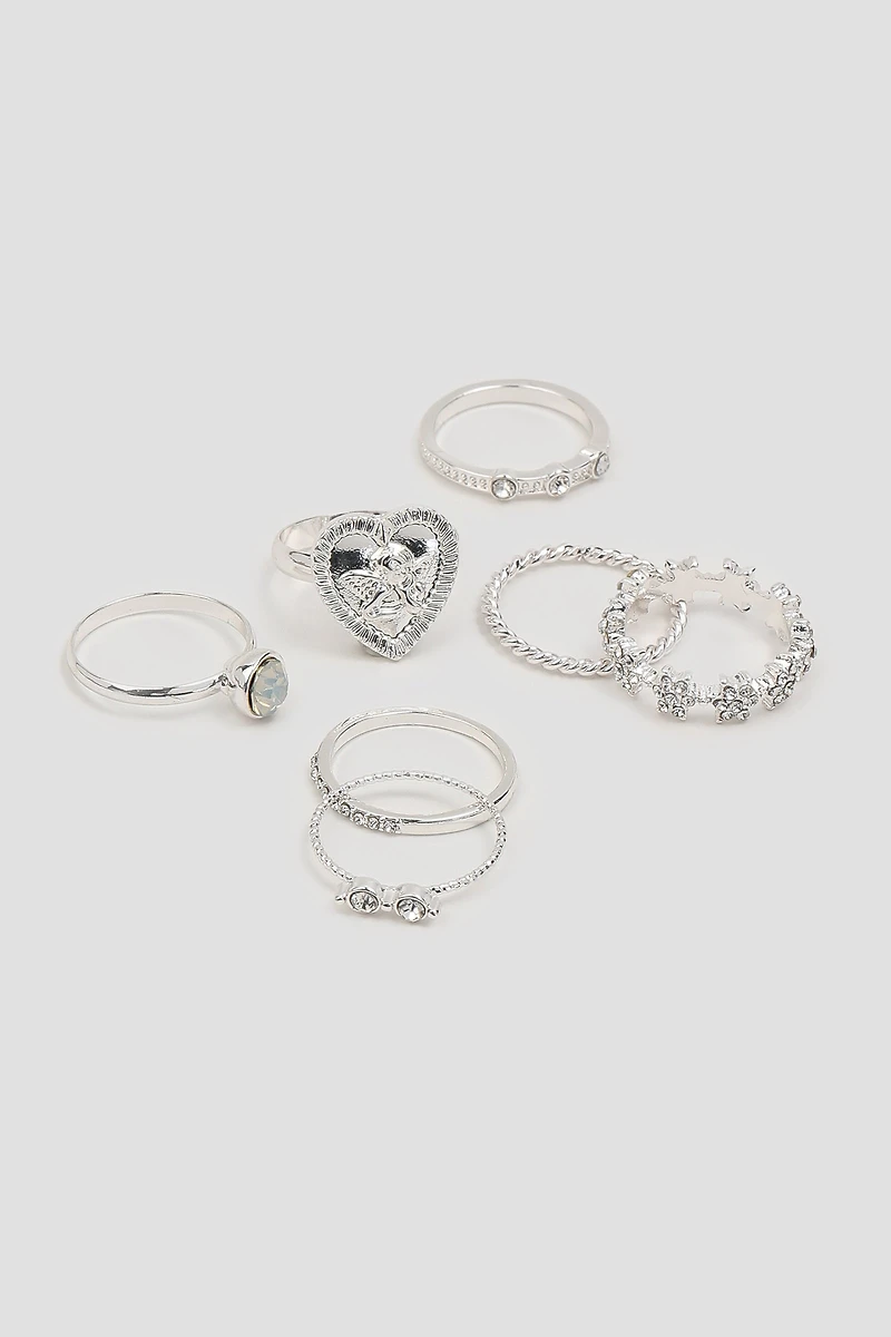 Ardene 7-Pack Angel & Stone Rings in Silver | Size Small