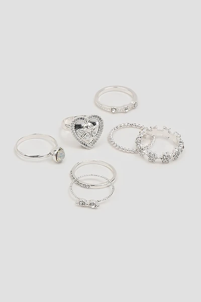 Ardene 7-Pack Angel & Stone Rings in Silver | Size