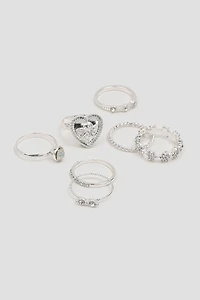 Ardene 7-Pack Angel & Stone Rings in Silver | Size Small
