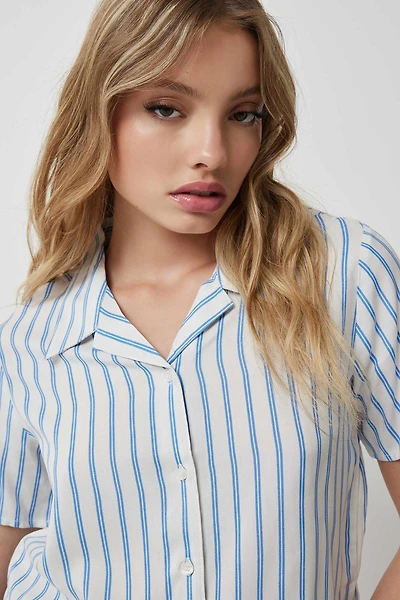 Ardene Striped Crop Short Sleeve Shirt in Light Blue | Size | 100% Viscose