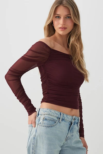 Ardene Off Shoulder Ruched Mesh Top in Burgundy | Size | Polyester/Elastane