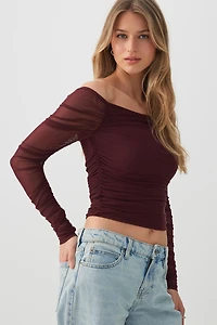 Ardene Off Shoulder Ruched Mesh Top in Burgundy | Size | Polyester/Elastane
