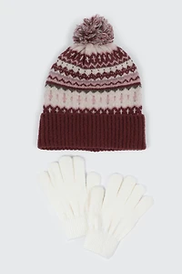 Ardene Kids Fair Isle Beanie and Gloves Set in Burgundy | Nylon/Spandex