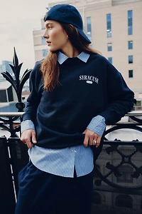 Ardene Graphic Crew Neck Sweatshirt in Dark Blue | Size XS | 100% Cotton | Fleece-Lined