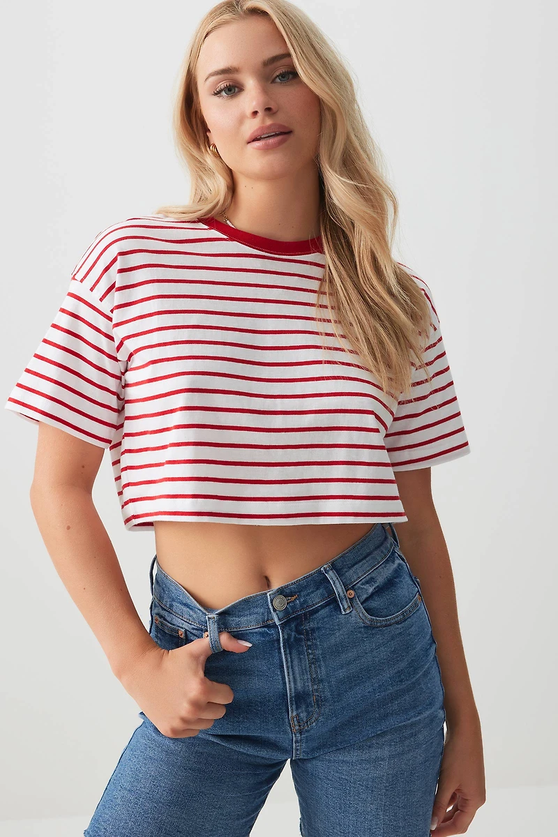 Ardene Striped Crop Boxy T-Shirt in Red | Size XS | 100% Cotton