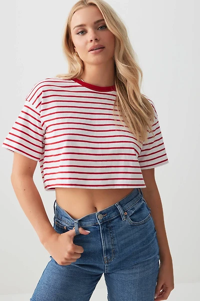 Ardene Striped Crop Boxy T-Shirt in Red | Size | 100% Cotton