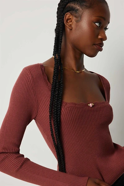 Ardene Fitted Square Neck Sweater With Rosebud Detail in Burgundy | Size Large | Nylon/Viscose