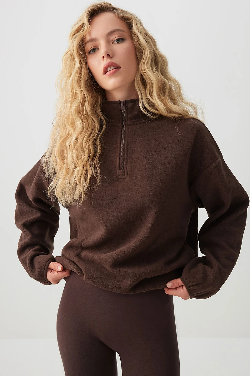Ardene Polar Fleece 1/4 Zip Sweatshirt in Brown | Size | Polyester | Eco-Conscious