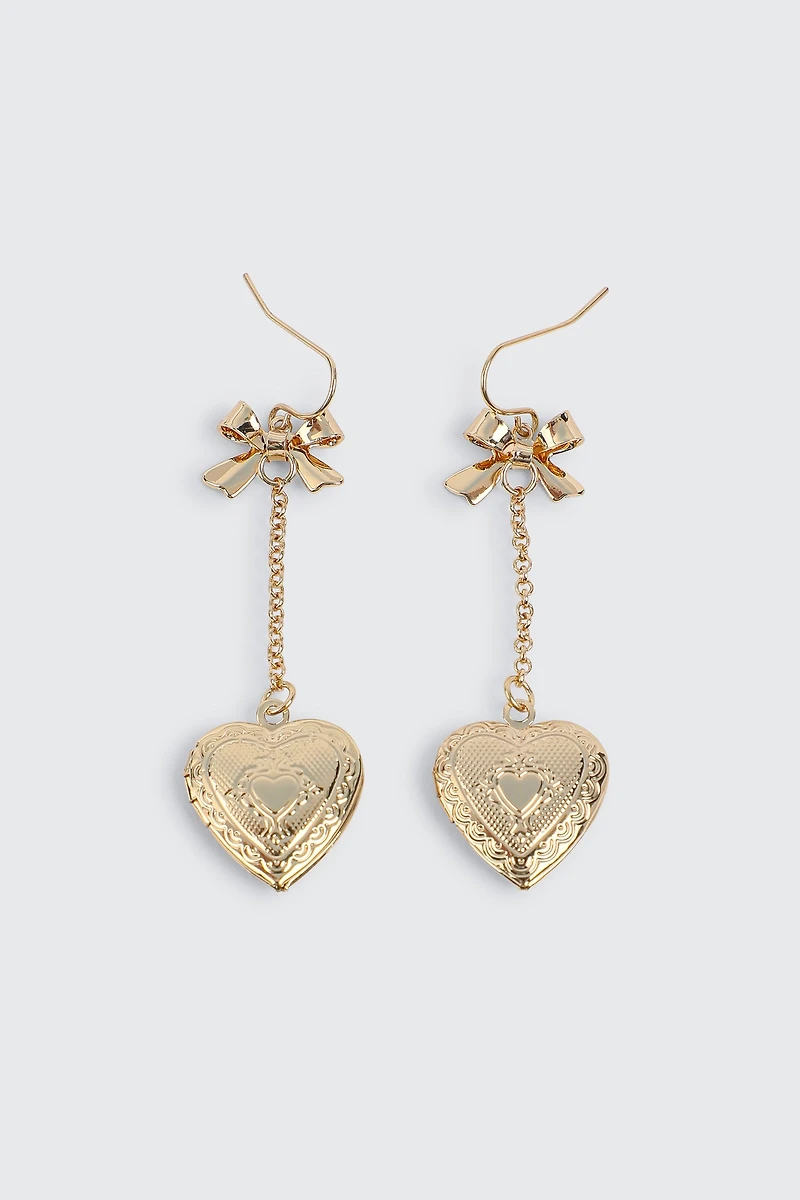 Ardene Bow & Heart Drop Earrings in Gold | Stainless Steel