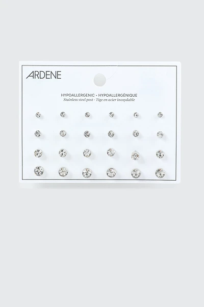 Ardene 12-Pack Crystal Stud Earrings in Silver | Stainless Steel