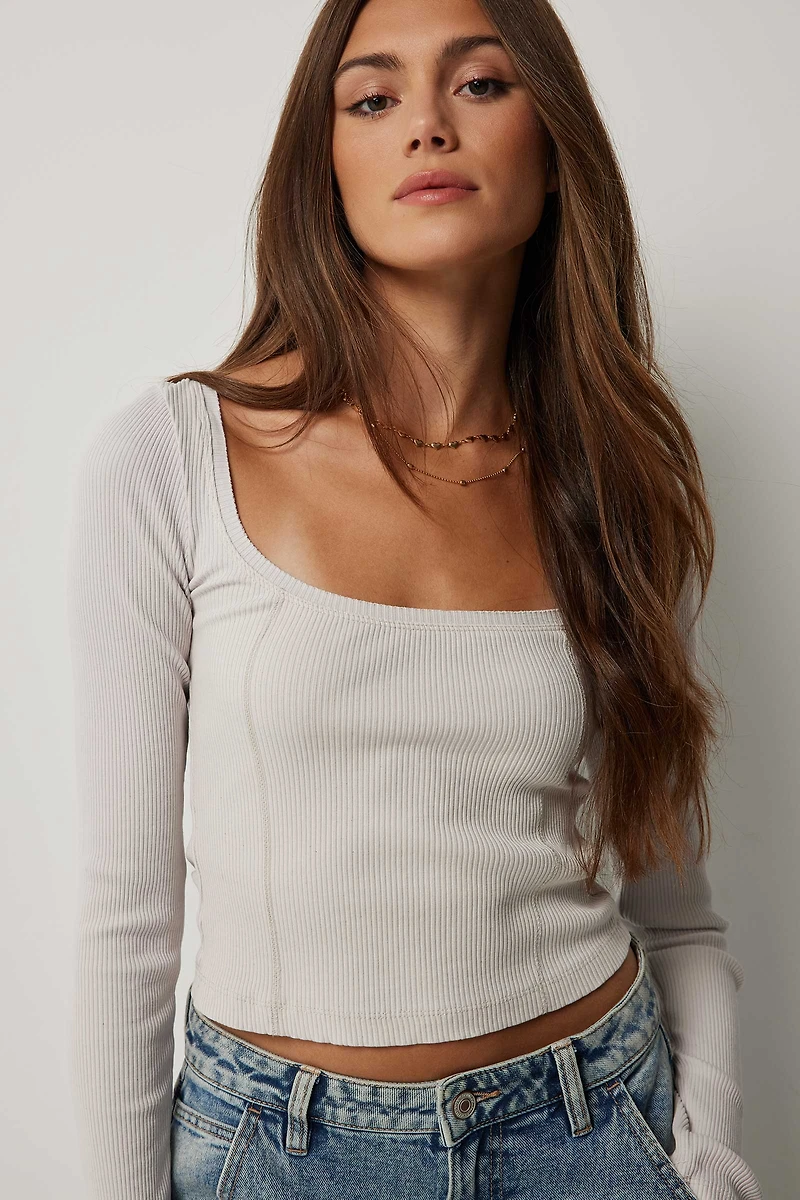 Ardene Washed Long Sleeve Ultra Crop Top in Beige | Size Large | Cotton/Elastane