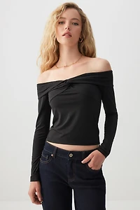 Ardene Twist Front Off Shoulder Top in | Size | Polyester/Elastane