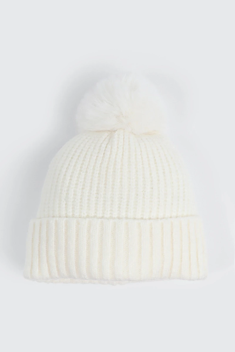 Ardene Beanie with Pompom in Off-White | Polyester/Elastane