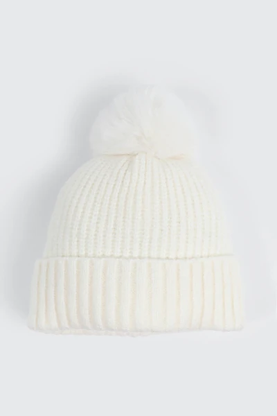 Ardene Beanie with Pompom in Off-White | Polyester/Elastane