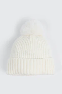 Ardene Beanie with Pompom in Off-White | Polyester/Elastane