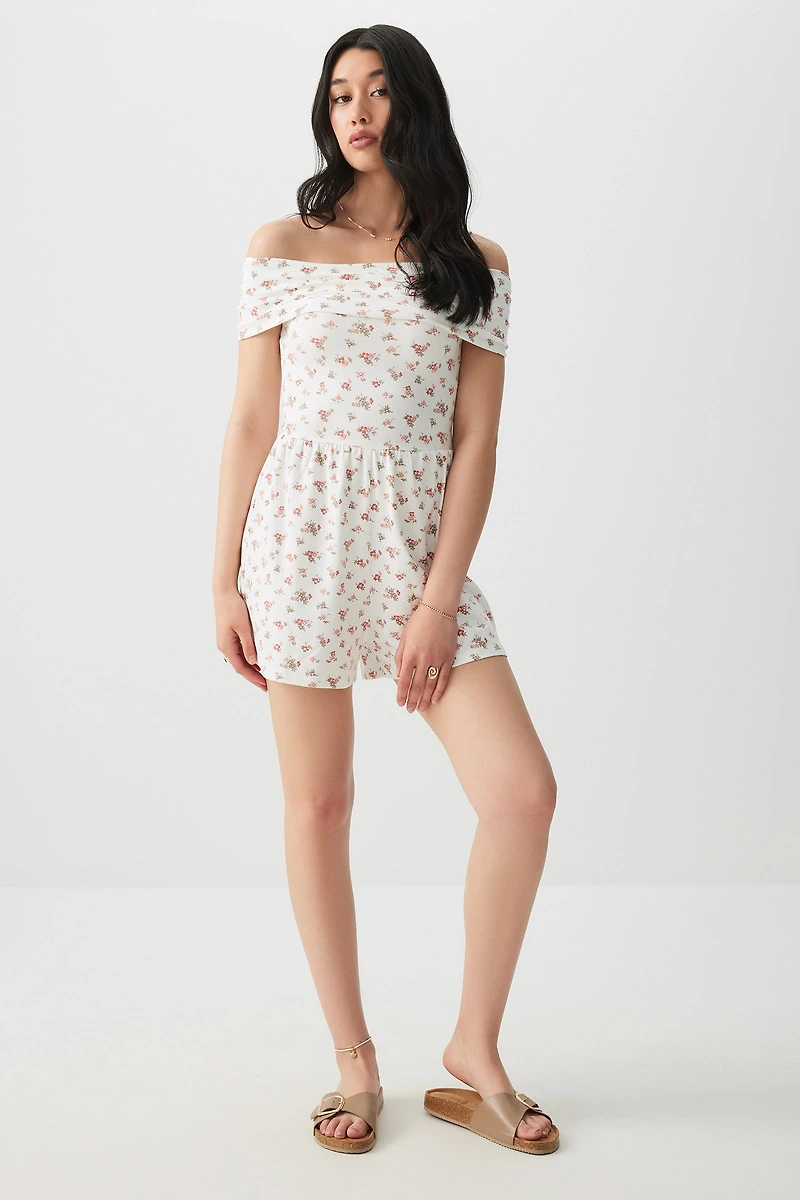 Ardene Basic Super Soft Off Shoulder Romper in White | Size Small | Polyester/Spandex | Eco-Conscious
