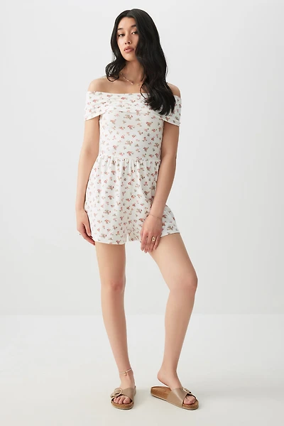 Ardene Basic Super Soft Off Shoulder Romper in White | Size Small | Polyester/Spandex | Eco-Conscious