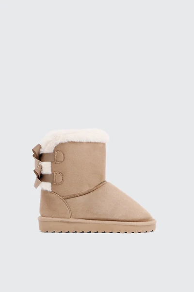 Ardene Kids Faux Sheepskin Boots with Bow Details in Beige | Size | Faux Suede