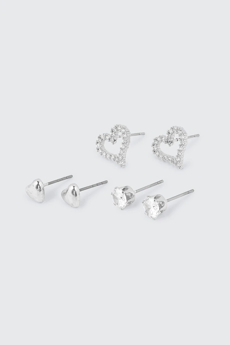 Ardene 3-Pack Heart 14K White Gold Plated Earrings in Silver | Stainless Steel