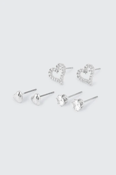 Ardene 3-Pack Heart 14K White Gold Plated Earrings in Silver | Stainless Steel
