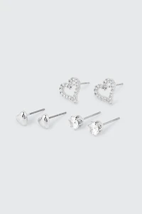 Ardene 3-Pack Heart 14K White Gold Plated Earrings in Silver | Stainless Steel