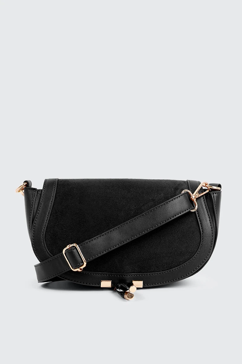 Ardene Faux Suede Flap Saddlebag in Black | Faux Leather/Polyester/Faux Suede