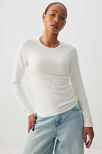 Ardene Brushed Jersey Long Sleeve T-Shirt in Off-White | Size | Cotton/Elastane