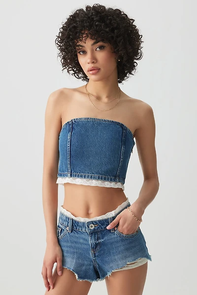 Ardene Lace Trim Denim Short Shorts in Medium Blue | Size | 100% Cotton