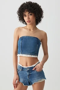 Ardene Lace Trim Denim Short Shorts in Medium Blue | Size | 100% Cotton