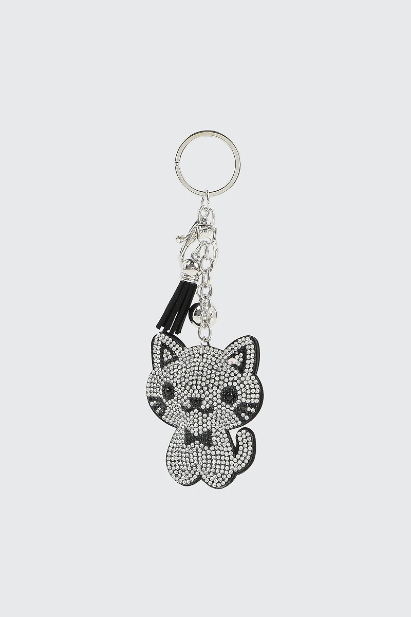 Ardene Rhinestone Cat Keychain in Silver
