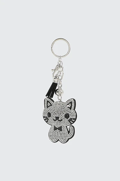 Ardene Rhinestone Cat Keychain in Silver