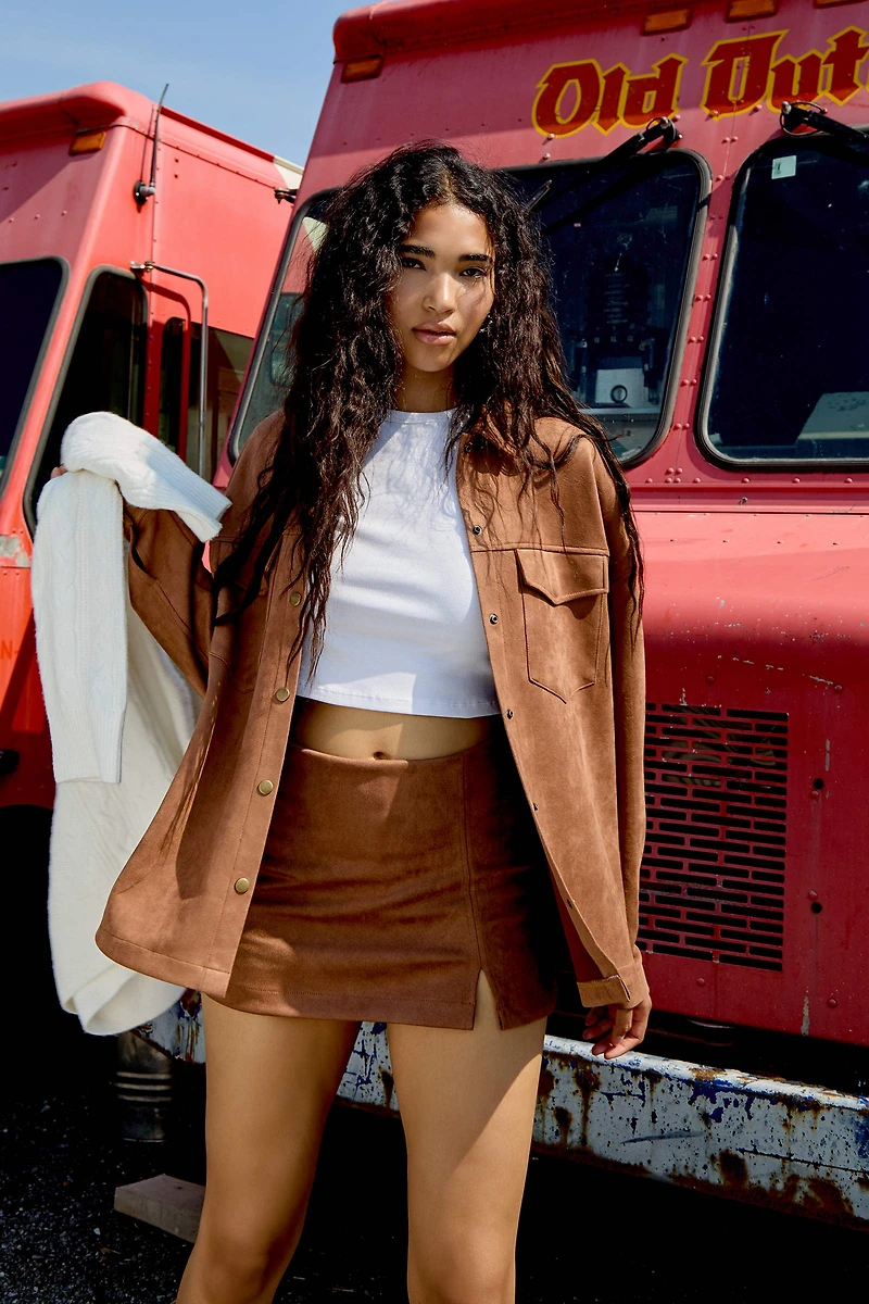 Ardene Faux Suede Mini Skort in Cognac | Size | Polyester/Elastane/Faux Suede