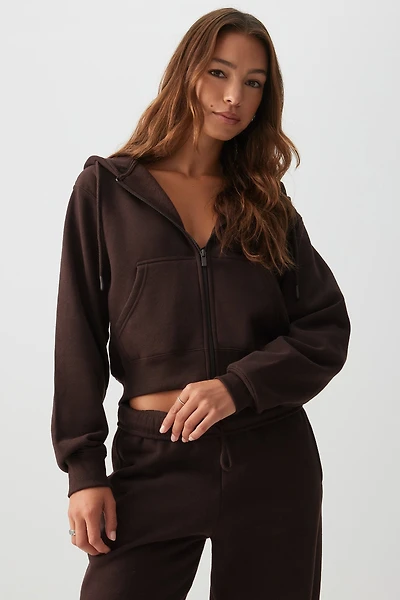 Ardene MADESOFT Fleece Short Zip Up Hoodie in Chocolate | Size | Polyester/Cotton | Eco-Conscious