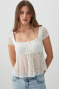 Ardene Textured Lace Short Sleeve Peasant Top in White | Size | Polyester/Elastane/Polyamide