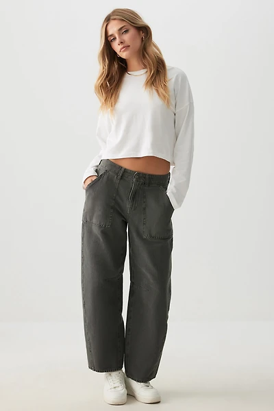 Ardene High Rise Stretch Twill Barrel Pants in Grey | Size | Spandex/Cotton