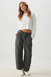 Ardene High Rise Stretch Twill Barrel Pants in Grey | Size | Spandex/Cotton