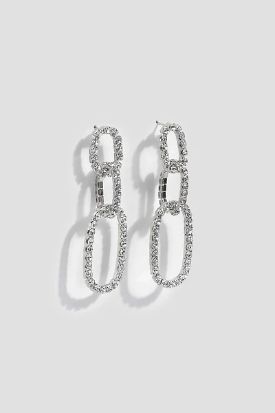 Ardene Rhinestone Link Oval Earrings in Silver | Stainless Steel