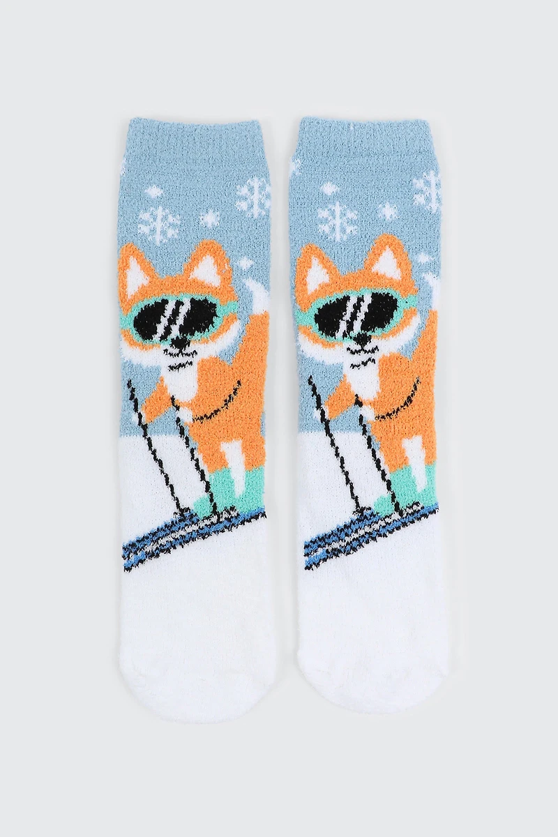 Ardene Fox Skiing Cozy Socks in Light Blue | Polyester/Spandex