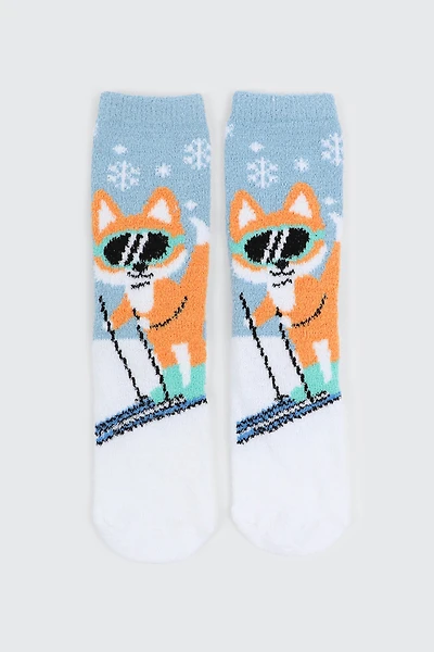 Ardene Fox Skiing Cozy Socks in Light Blue | Polyester/Spandex