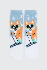 Ardene Fox Skiing Cozy Socks in Light Blue | Polyester/Spandex