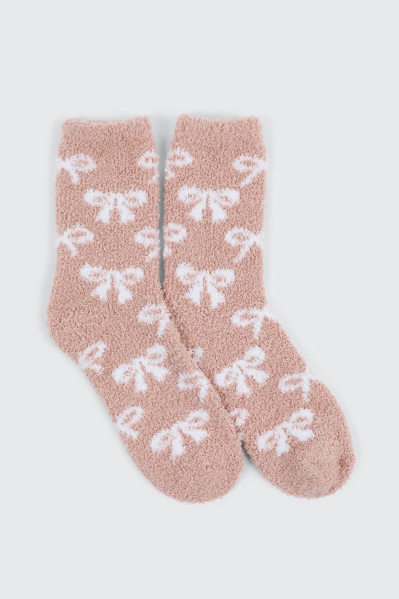 Ardene Bow Print Cozy Socks in Medium Pink | Polyester/Spandex