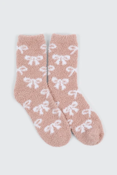 Ardene Bow Print Cozy Socks in Medium Pink | Polyester/Spandex