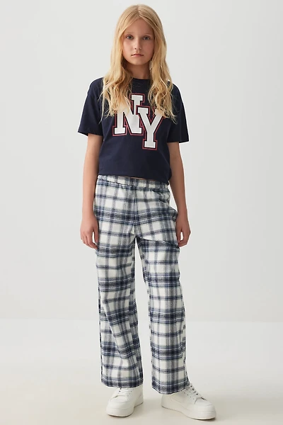Ardene Kids Plaid Flannel Straight Leg Pants in Dark Blue | Size | 100% Cotton